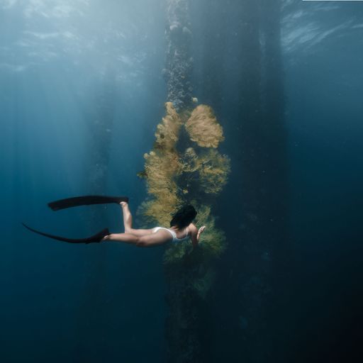 A female swimmer submerged in an ocean, exploring the underground