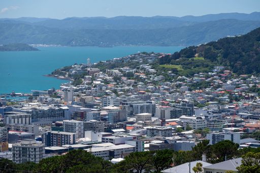 The view of Wellington city in New Zealand from hills above the city. Showing the Harbour, city suburbs of Mt Victoria and Oriental Bay