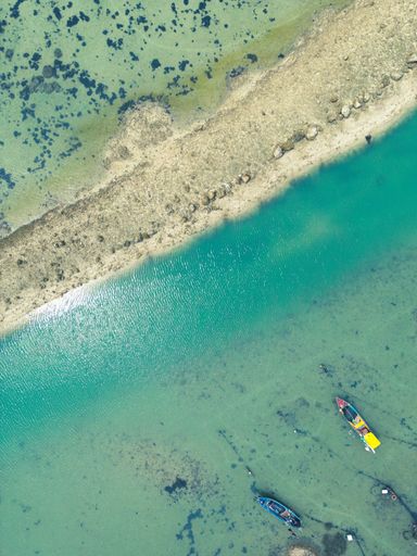 An aerial view of a fleet of colorful boats on a coastal shoreline