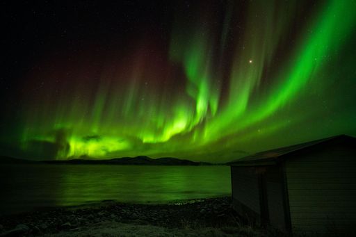 A stunning aurora borealis illuminating the night sky above the rural landscape.