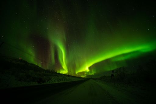 A stunning aurora borealis illuminating the night sky above the rural landscape.