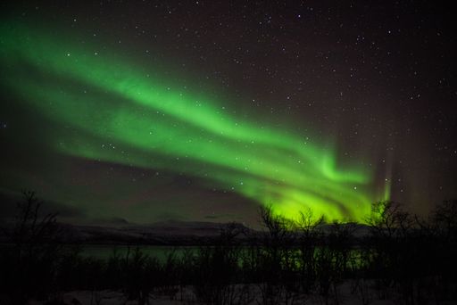A stunning aurora borealis illuminating the night sky above the rural landscape.