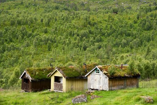 A beautiful mountainous landscape with greenery and cabins in Western Norway
