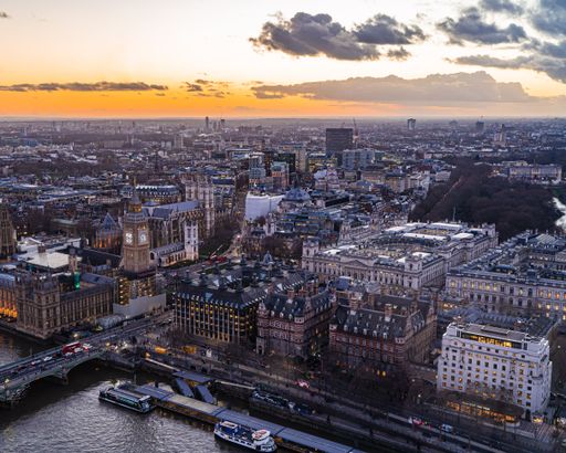 An aerial view of a Sunset in London captured from the top of the London Eye.