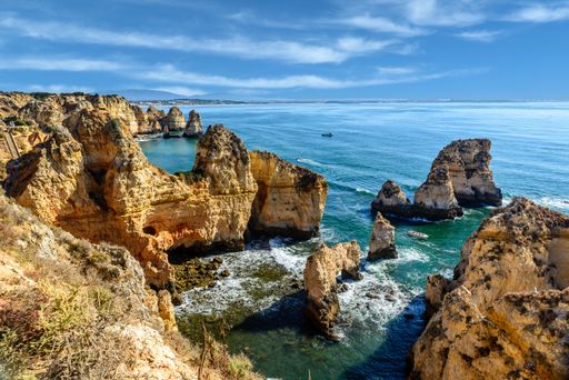 An aerial shot of the Ponta da Piedade in Lagos, Portugal