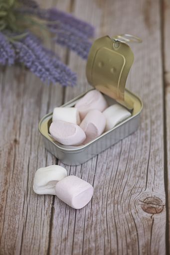 A closeup of marshmallow in a tuna can on the wooden table under the lights