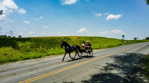 Ronks, Pennsylvania, May 22, 2022 - View of An Amish Horse and Open Buggy Traveling on a Rural Road Thru Farmlands on a Sunny Spring Day