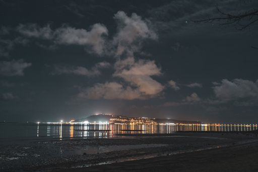 A shot of the city lights in the distance and night sky from the Sandsfoot beach in Dorset, UK
