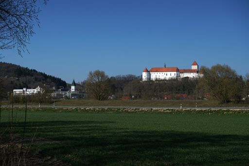 The castle on the top of the hill near the Worth on the Danube city surrounded by forest