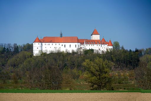 The castle on the top of the hill near the Worth on the Danube city surrounded by forest