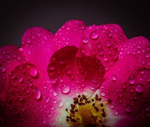 A closeup shot of a vibrant pink wild rose covered in water droplets