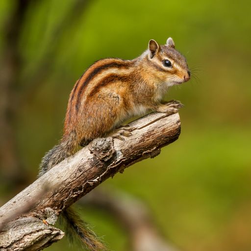A small, gray squirrel is perched atop a tree branch in a natural outdoor setting