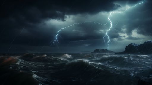 An illustration of a turbulent ocean, with bright white lightning streaks illuminated across the sky