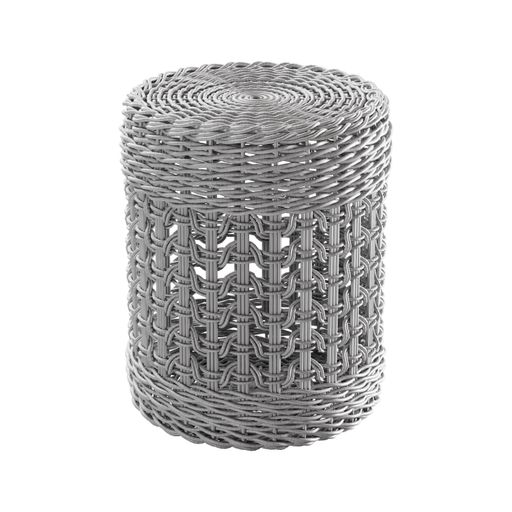This stock image features a rattan pouf in a studio setting with a white background