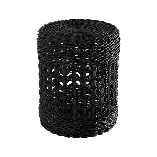 This stock image features a rattan pouf in a studio setting with a white background
