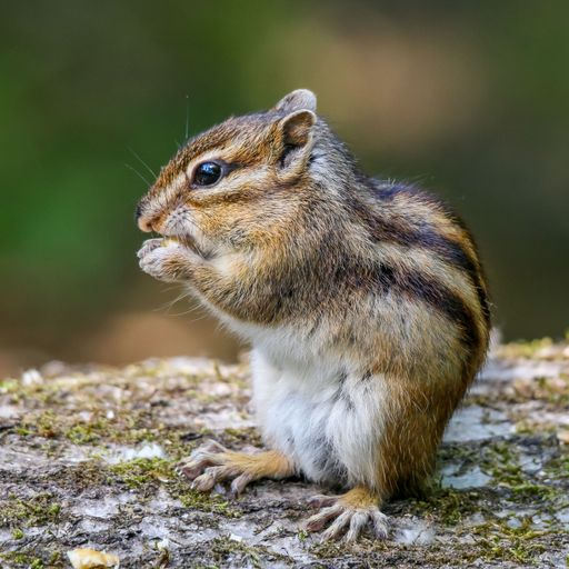 A brown squirrel perched on a moss-covered rock, its cheeks filled with acorns