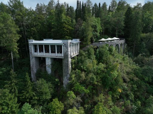 A breathtaking aerial view of two towering skyscrapers situated in the midst of a lush forest, surrounded by tall trees