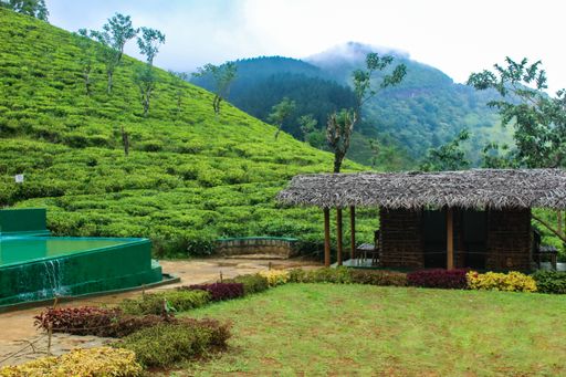 A traditional wooden hut in a lush green meadow in Sri Lanka with hills in the background