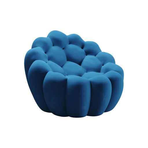 A side view of an abstract, blue fabric chair against a white background