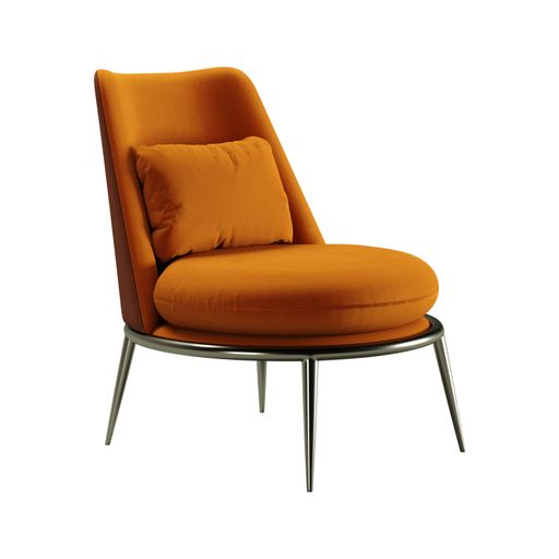 An orange chair with a fashionable cushion against a plain white backdrop