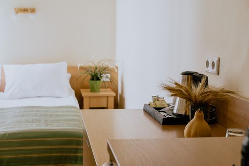 An interior of a simple and nicely furnished cozy hotel room with a single bed during daytime