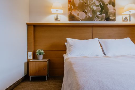 A hotel bedroom with a picture and lamps on the wall, a nightstand with a plant