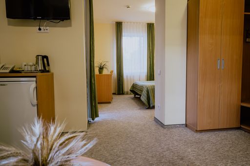 An interior of a simple and nicely furnished cozy hotel room with a separate bedroom during daytime