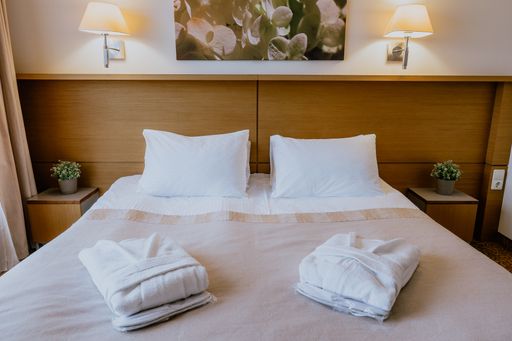 A hotel bedroom with bathrobes on the bed, a picture, and lamps on the wall, nightstands with a plants