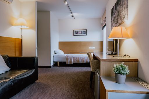 An interior of a simple and nicely furnished cozy hotel room with a separate bedroom during daytime