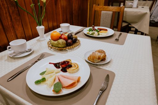 A set table of breakfast for two