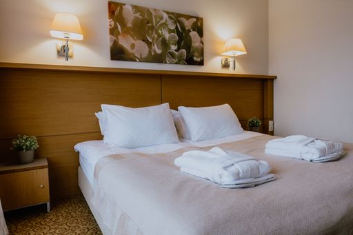 A hotel bedroom with a picture and lamps on the wall, nightstands with plants