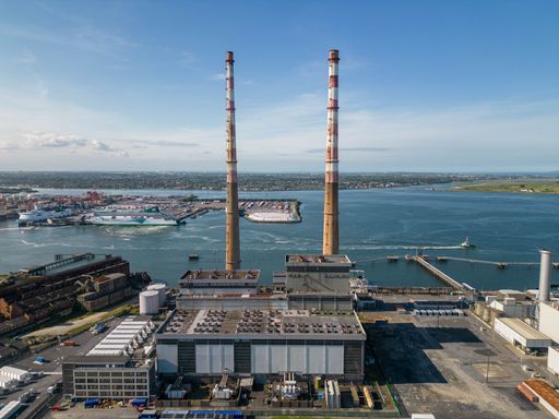 A stunning aerial view of Poolbeg towers in Dublin Port on a beautiful sunny summer day