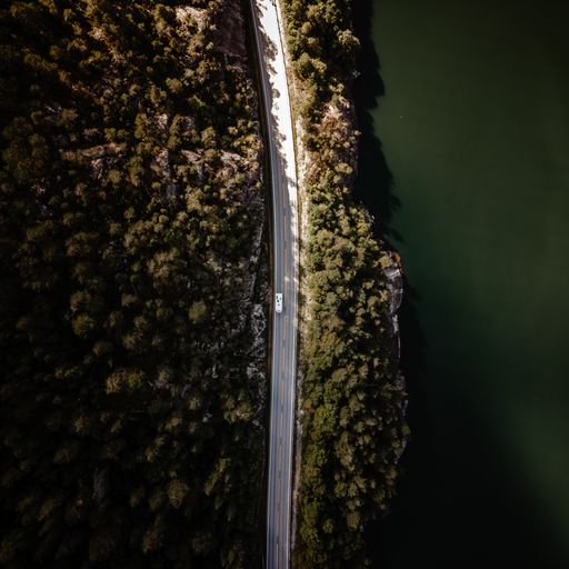 An aerial shot of a car on the road along with forest trees near the river