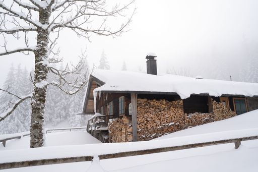 An idyllic winter scene featuring a large house covered in a blanket of snow