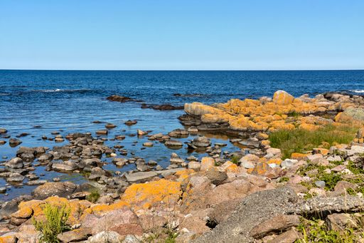 The rocky coast of Baltic sea in Aarsdale, Bornholm island, Denmark