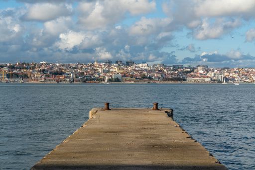 Panoramic view of Lisbon from the Ginjal pier, Cacilhas, Almada, with Amoreiras in the background