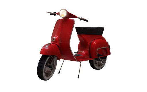A vibrant red Vespa scooter isolated on a bright white background