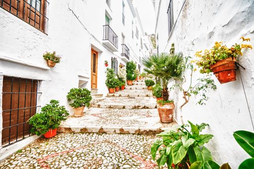 A beautiful alley with decorated houses in a white town in Andalusia, Spain