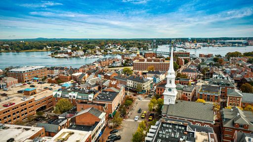 An aerial view of historic buildings around Downtown Portsmouth in New Hampshire in the fall