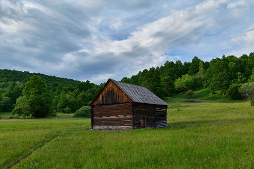 An aged wooden cabin amongst a picturesque landscape of lush green grass and majestic mountain