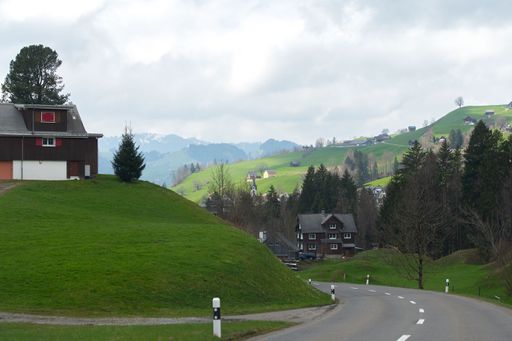 An aerial view of a stunning mountain range in Switzerland featuring beautiful houses nestled among the trees