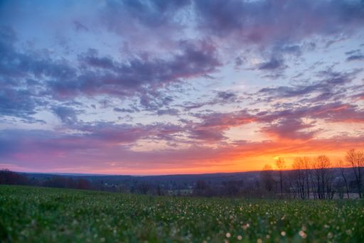 A breathtaking sunset landscape over a grassy field in Venango, Pennsylvania