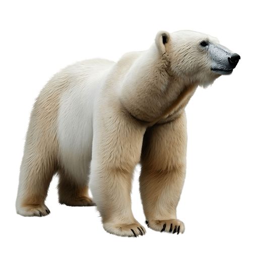 An isolated white polar bear on a plain white background, standing upright with its head held high