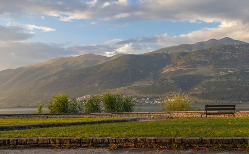 A closeup of a lake of Ioannina and lush green during golden hour