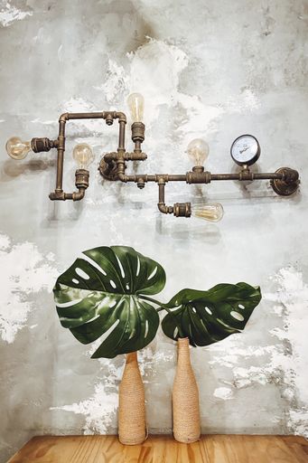 Coffee Shop Interior Wall Design Setup, Bulb Fixed with Pipes and Green Leaf Inside the Bottle