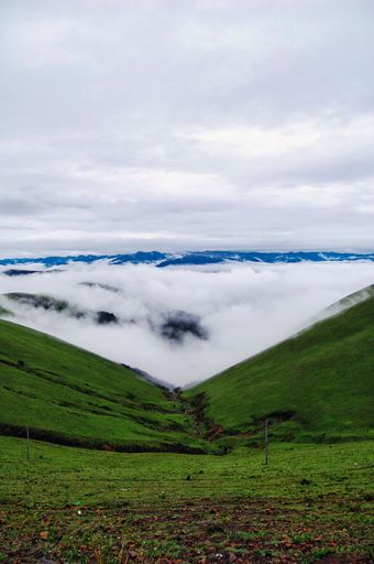 A majestic view of the rolling hills of the countryside, shrouded in a thick blanket of fog and clouds, as seen from the summit of a mountain