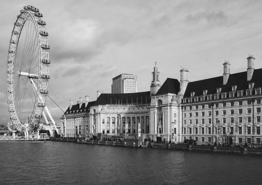 London Eye and County Hall, Westminster, London, England, UK in black and white.