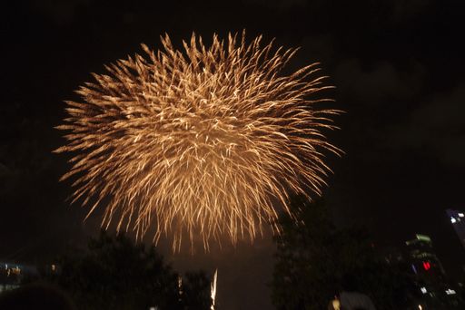 A vibrant display of fireworks light up the night sky above a bustling city