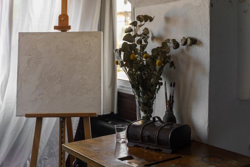 An easel with canvas near a wooden table with plants, a chest, brushes, and a glass