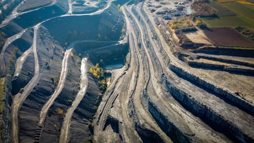 An aerial view of opencast mining quarry